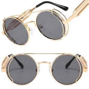 Coiled Spring Temple Bold Edge Gray Lens Mens Womens Gold Round Sunglasses